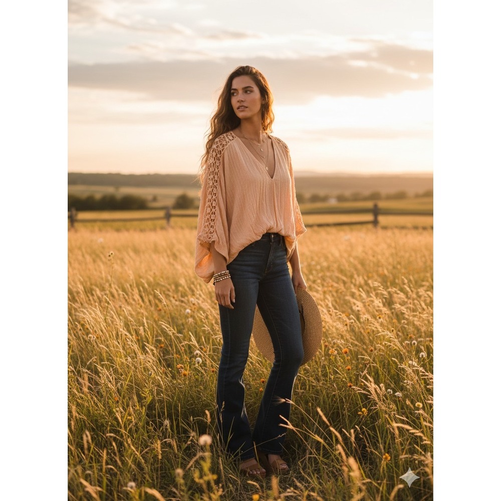 Free People Blouse Small Peach Crochet Trim Dolman Sleeve V-Neck Crinkle Boho